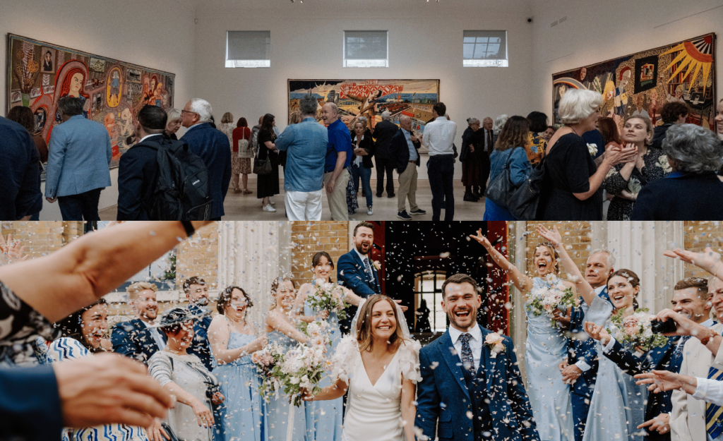 A festive scene showing an art gallery filled with people viewing colorful tapestries, paired with a wedding celebration outside as a newlywed couple is showered with confetti.